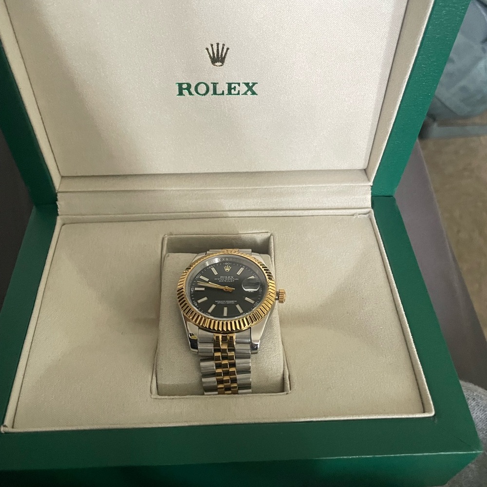 Rolex Gold and Silver Watch with Black Face